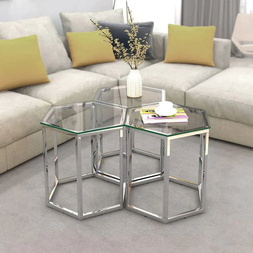 Fleur 3pc Accent Table Set in Silver - Furniture Depot
