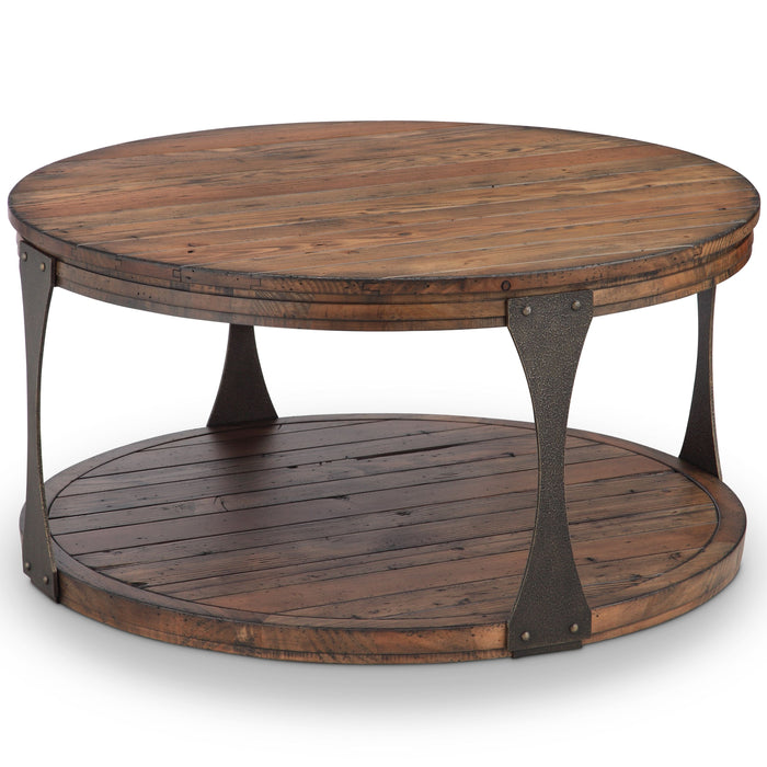 Montgomery Industrial Reclaimed Wood Round Coffee Table With Casters In Bourbon Finish