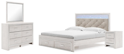 Altyra King Upholstered Panel Storage Bed, Dresser, Mirror and Nightstand