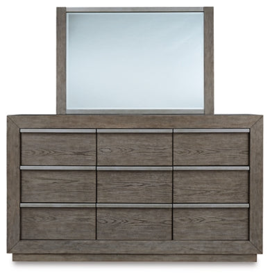 Anibecca King Upholstered Bed, Dresser and Mirror