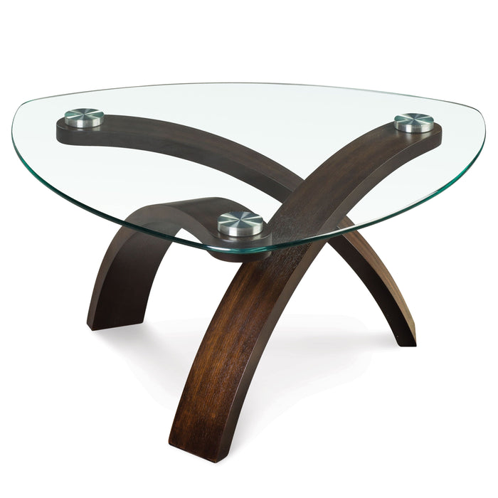 Allure Pie Shaped Cocktail Table In Hazelnut With Glass Top