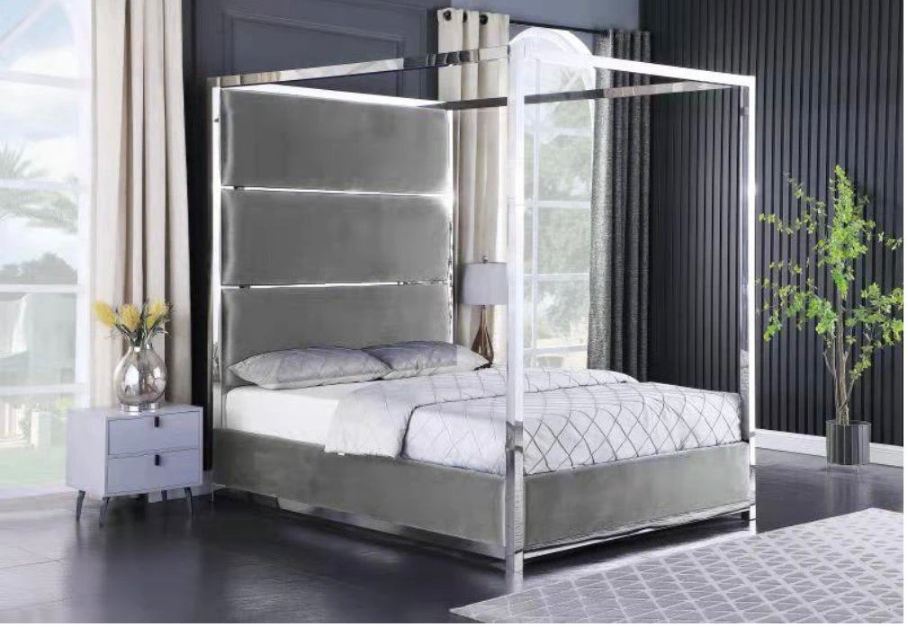 Madie Pillar Bed - Grey Velvet - Sterling House Interiors